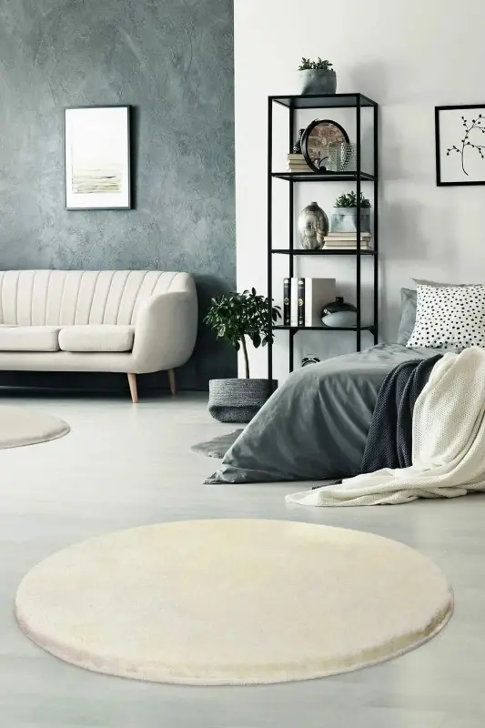 Tekli Yuvarlak Post Peluş Banyo Pas Pası Jel Kaymaz Taban Krem 100x100 - Krem - SARAR