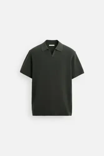 ТЕКСТ = DOKULU TRİKO POLO T-SHIRT-haki - 7