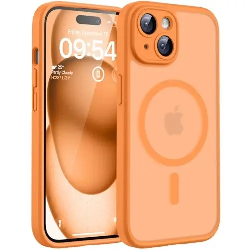 Telefon 14 Kılıfı için TOCOL, Magsafe Şarj Cihazı ile Uyumlu, Tam Kamera Koruması, Düşme Koruması, iPhone 14 6.1 inç için Yarı Saydam Mat Telefon Kılıfı (Turuncu) 