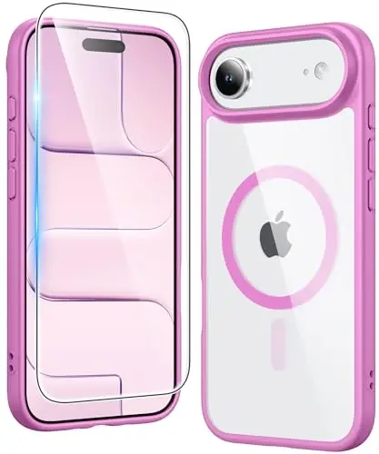 FNTCASE for Phone 17 Air Case: Clear Anti Yellowing Magnetic Military Grade Drop Protection Cell Phone Cover - Rugged Shockproof Protective Bumper Transparent Phonecase (B-Pink) 
