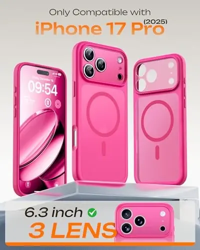 TOCOL for Phone 17 Pro Case, Full Camera Protection, Built-in Magnetic Ring, Compatible with Magsafe Charger, Drop Protection, Translucent Matte Phone Case for Phone 17 Pro 6.3 inch (Hot Pink) - 2