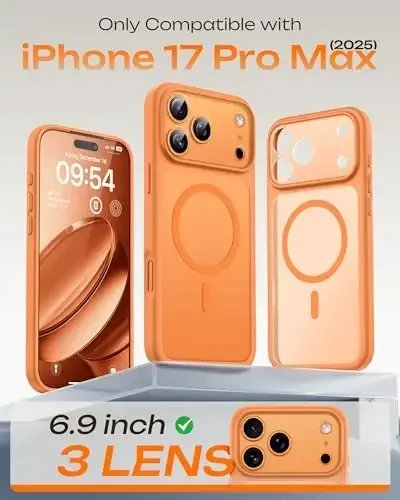 TOCOL for Phone 17 Pro Max Phone Case, Full Camera Protection, Built-in Magnetic Ring, Compatible with Magsafe Charger, Translucent Matte Phone Case for 17 ProMax 6.9 inch (Orange) - TOCOL (1)