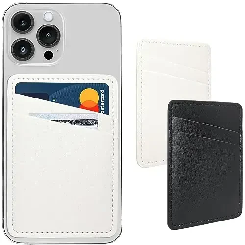 Phone Wallet Stick On, Leather Phone Card Holder, Credit Card Holder for Phone Case Compatible with iPhone, Samsung and Android - White, Black - LIMVORY
