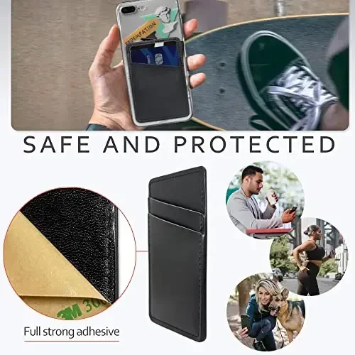 Phone Wallet Stick On, Leather Phone Card Holder, Credit Card Holder for Phone Case Compatible with iPhone, Samsung and Android - White, Black - 3