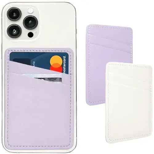 Phone Wallet Stick On, Leather Phone Card Holder, Credit Card Holder for Phone Case Compatible with iPhone, Samsung and Android - White, Purple - 1