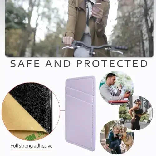 Phone Wallet Stick On, Leather Phone Card Holder, Credit Card Holder for Phone Case Compatible with iPhone, Samsung and Android - White, Purple - 3