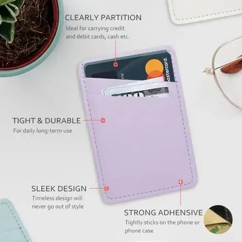 Phone Wallet Stick On, Leather Phone Card Holder, Credit Card Holder for Phone Case Compatible with iPhone, Samsung and Android - White, Purple - 4