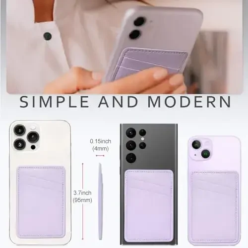 Phone Wallet Stick On, Leather Phone Card Holder, Credit Card Holder for Phone Case Compatible with iPhone, Samsung and Android - White, Purple - 2