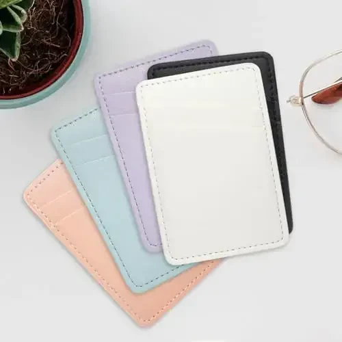 Phone Wallet Stick On, Leather Phone Card Holder, Credit Card Holder for Phone Case Compatible with iPhone, Samsung and Android - White, Purple - 6