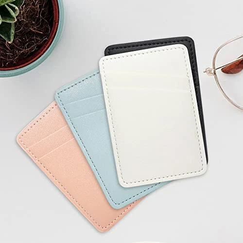 Phone Wallet Stick On, Leather Phone Card Holder, Credit Card Holder for Phone Case Compatible with iPhone, Samsung and Android - White, Blue - 6
