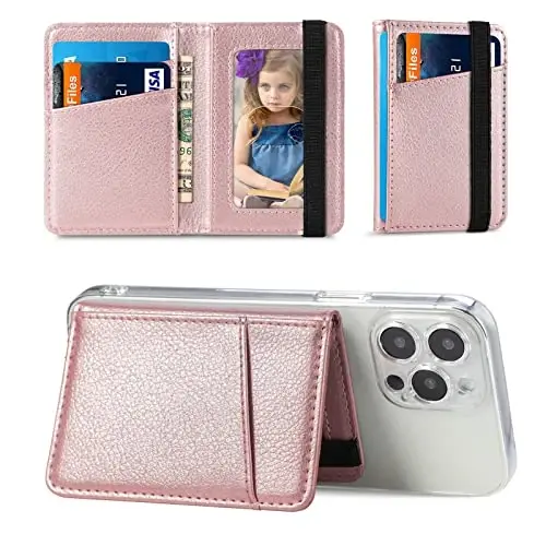 TopFunny Phone Wallet Stick on for Phone Case, Credit Card Holder for Back of Phone Cases Flip Leather Wallet Sleeve Pouch Compatible with iPhone, Samsung Galaxy Android Most Smartphones Rose Gold - 1