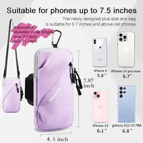 Phone Holder Arm Bands, Small Crossbody Shoulder Holsters Bag with Arm Band, Fits iPhone and All Cell Phones, Use for Running, Walking, Hiking & Biking (Plus Size Purple) - 5