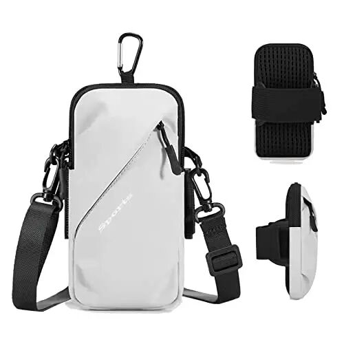 Phone Holder Arm Bands, Small Crossbody Shoulder Holsters Bag with Arm Band, Fits iPhone and All Cell Phones, Use for Running, Walking, Hiking & Biking (Plus Size,Grayish White) - 1