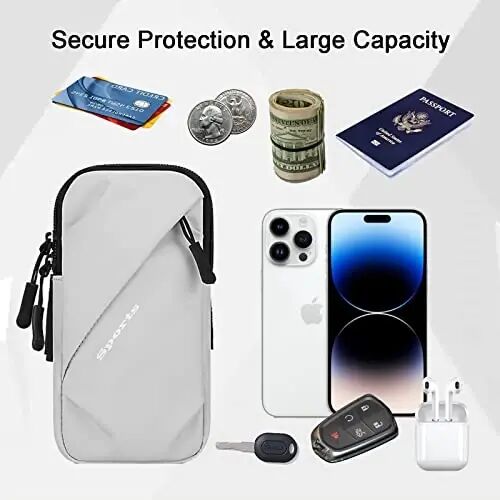 Phone Holder Arm Bands, Small Crossbody Shoulder Holsters Bag with Arm Band, Fits iPhone and All Cell Phones, Use for Running, Walking, Hiking & Biking (Plus Size,Grayish White) - 3