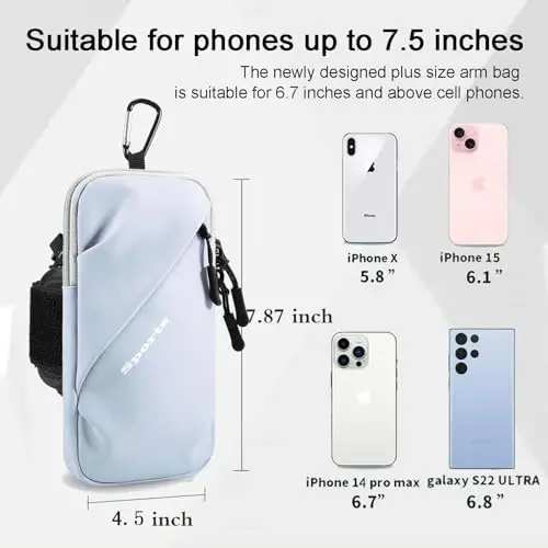 Telefon ushlagichi bilakuzuklar, kichik crossbody yelkali g'ilof sumkasi bilakuzuk bilan, iPhone va barcha mobil telefonlarga mos keladi, yugurish, piyoda yurish, sayr qilish va velosipedda yurish uchun (Katta o'lchamli och ko'k) - 5