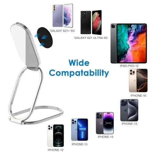 Telefon Uzuk Tutqich Barmoq Standarti, 360° Aylanish Metal Telefon Tutqich Magnitli Avtomobilga O'rnatish uchun Katlanadigan Mobil Telefon Stend Ko'pchilik Smartfonlarga Mos keladi Kumush - 5