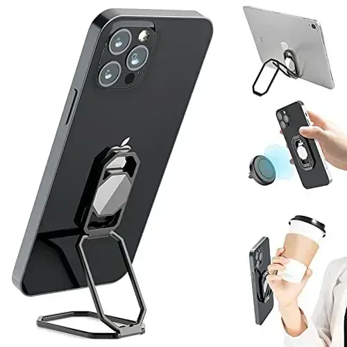 Phone Ring Holder Finger Kickstand, Upgraded 360° Rotation Metal Phone Grip for Magnetic Car Mount Foldable Cell Phone Stand Compatible with Most Smartphones 