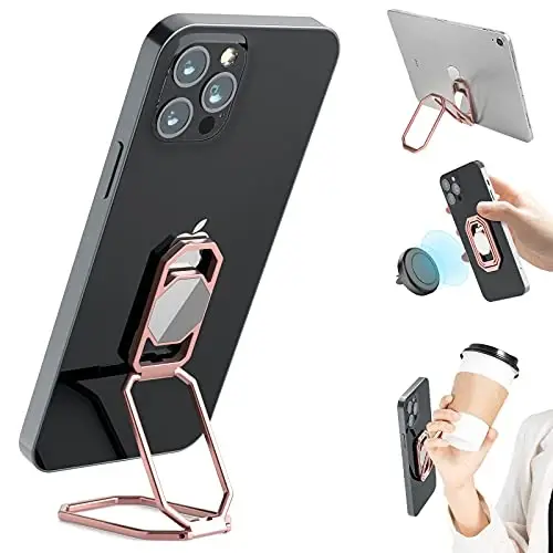 Phone Ring Holder Finger Kickstand, 360° Rotation Metal Phone Grip for Magnetic Car Mount Foldable Cell Phone Stand Compatible with Most Smartphones - 1