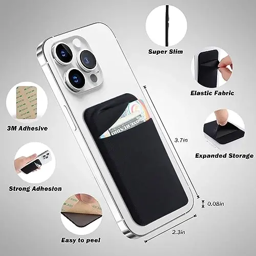 3Pack Cell Phone Card Holder Pocket for Back of Phone,Stretchy Stick on Wallet Credit Card ID Case Pouch Sleeve Self Adhesive Sticker with Flap for iPhone Samsung Galaxy-2Black+1Navy Blue - 5