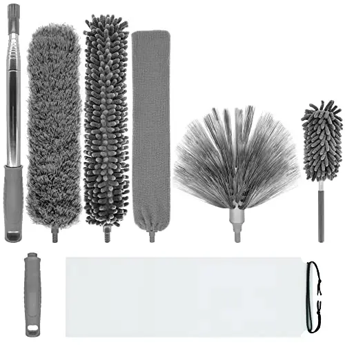 Microfiber Duster with Telescoping Extension Pole(30-100 Inches) Kit, 4 Cleaning Head and 1 Mini-Duster. Reusable, Bendable, Washable Feather Dusters for Cleaning Fans Cobwebs Ceilings Blinds - 1