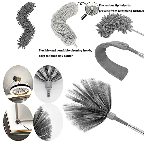 Microfiber Duster with Telescoping Extension Pole(30-100 Inches) Kit, 4 Cleaning Head and 1 Mini-Duster. Reusable, Bendable, Washable Feather Dusters for Cleaning Fans Cobwebs Ceilings Blinds - 4