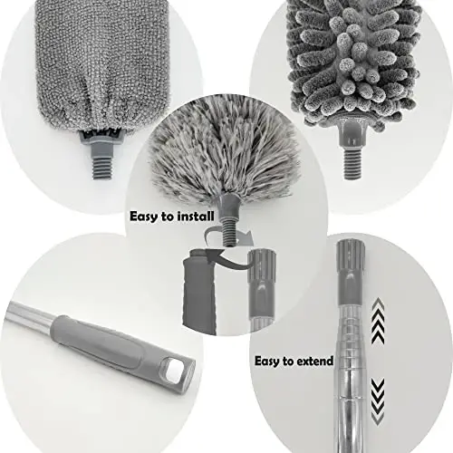 Microfiber Duster with Telescoping Extension Pole(30-100 Inches) Kit, 4 Cleaning Head and 1 Mini-Duster. Reusable, Bendable, Washable Feather Dusters for Cleaning Fans Cobwebs Ceilings Blinds - 5