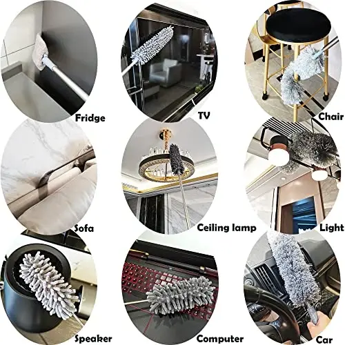 Teleskopik uzaytirish ustuni (30-100 dyuym) to'plami, 4 ta tozalash boshi va 1 ta mini-chang yutgich bilan mikrofiber chang tozalagich. Qayta foydalanish mumkin, egiluvchan, yuviladigan pat tozalagichlar, muxlislar, o'rgimchak to'rlari, shiftlar, derazalar uchun - 3