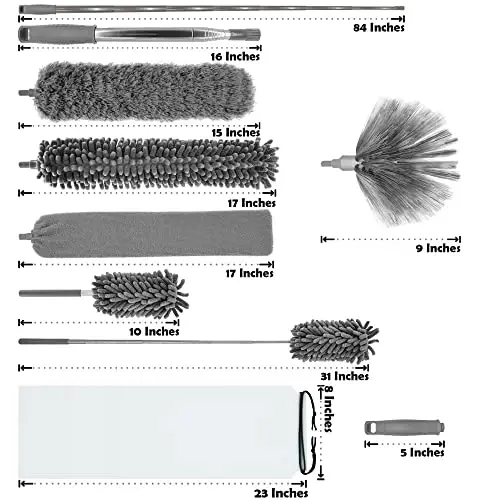 Teleskopik uzaytirish ustuni (30-100 dyuym) to'plami, 4 ta tozalash boshi va 1 ta mini-chang yutgich bilan mikrofiber chang tozalagich. Qayta foydalanish mumkin, egiluvchan, yuviladigan pat tozalagichlar, muxlislar, o'rgimchak to'rlari, shiftlar, derazalar uchun - 7