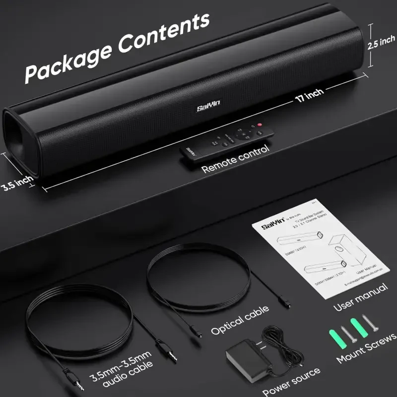Televizor uchun Saiyin Sound Bars, 40 vattli kichik televizor saundbari, televizor saundbar karnaylari Bluetooth/Optik/AUX ulanishi bilan kompyuter/o'yin/proyektorlar uchun, 17 dyuym - 4