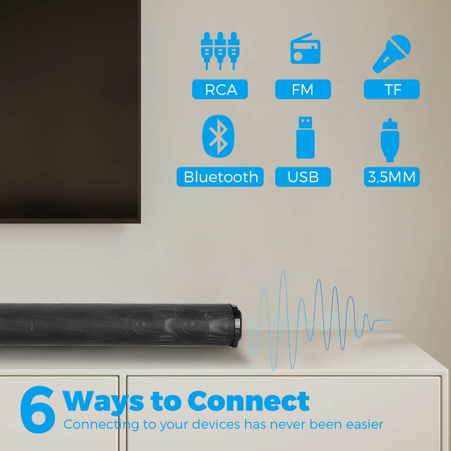 Televizor uchun Sound Bar Bluetooth 5.0 Oʻrnatilgan Subwooferlar va Pultli Atrofdagi Ovoz Balandlatgich, Anʼanaviy yoki Smart TV, Kompyuter bilan ishlaydigan Uy Kinosi Audio Sound Bar - 3