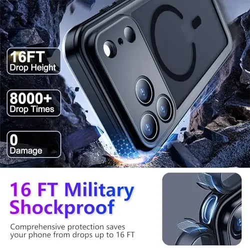 Teman iPhone 17 Pro Max Uyumlu Manyetik Kılıf, Su Geçirmez Yerleşik Ekran ve Kamera Koruyucu IP68 Sualtı Tam Vücut Askeri Düşmeye Dayanıklı Yarı Saydam Mat Telefon Kılıfı 6.9