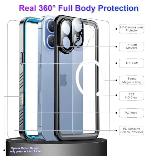 Teman Mıknatıs Uyumlu iPhone 17 Kılıf, Su Geçirmez Dahili Ekran ve Kamera Koruyucu IP68 Sualtı Tam Gövde 17FT Askeri Düşmeye Dayanıklı Darbeye Dayanıklı Telefon Kılıfı 6.3