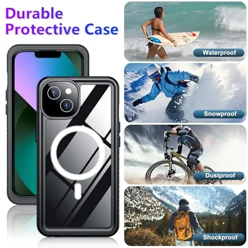 Temdan Compatible with iPhone 13 Case Waterproof, Built-in Screen & Camera Protector IP68 Underwater Full Body 13FT Military Dropproof Shockproof Phone Case 6.1