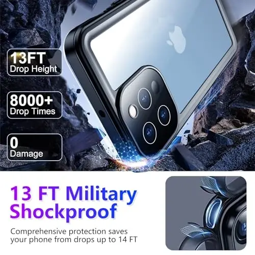 Temdan Compatible with iPhone 13 Pro Max Case Waterproof Built-in Screen & Camera Protector IP68 Underwater Full Body Military Dropproof Shockproof Phone Case 6.1
