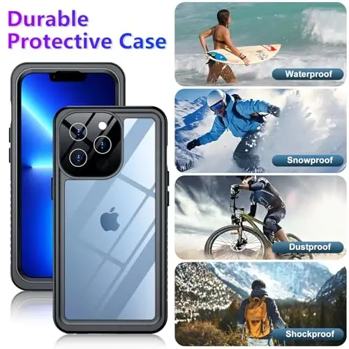 Temdan Compatible with iPhone 13 Pro Max Case Waterproof Built-in Screen & Camera Protector IP68 Underwater Full Body Military Dropproof Shockproof Phone Case 6.1