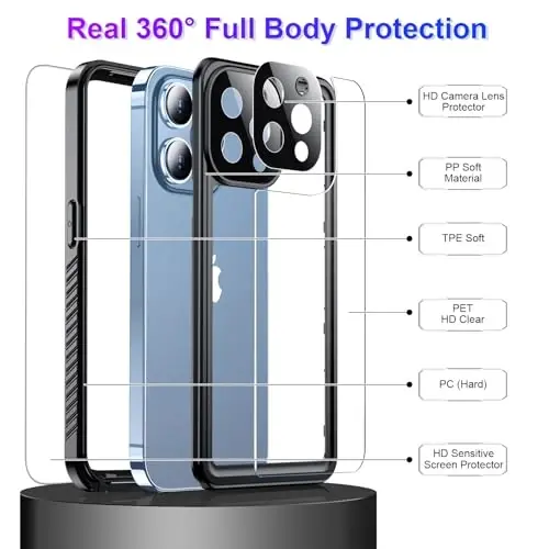 Temdan Compatible with iPhone 13 Pro Max Case Waterproof Built-in Screen & Camera Protector IP68 Underwater Full Body Military Dropproof Shockproof Phone Case 6.1