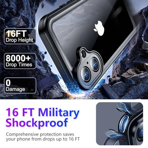 Temdan Compatible with iPhone 16 Case Waterproof, Built-in Screen & Camera Protector IP68 Underwater Full Body 16FT Military Dropproof Shockproof Phone Case 6.1