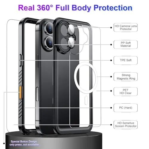 Temdan Compatible with iPhone 16 Case Waterproof, Compatible with MagSafe Built-in Screen & Camera Protector IP68 Underwater Full Body 16FT Military Dropproof Shockproof Phone Case 6.1