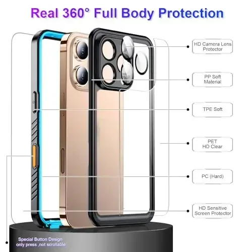 Temdan Compatible with iPhone 16 Pro Max Case Waterproof, Built-in Screen & Camera Protector IP68 Underwater Full Body 16FT Military Dropproof Shockproof Phone Case 6.9