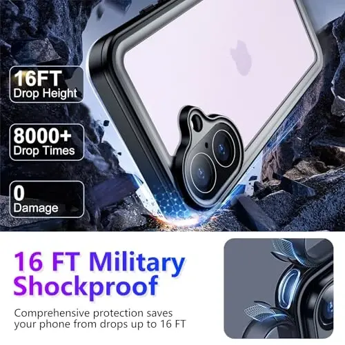 Temdan Compatible with iPhone 17 Case,Waterproof Built-in Screen & Camera Protector IP68 Underwater Full Body 17FT Military Dropproof Shockproof Phone Case 6.3