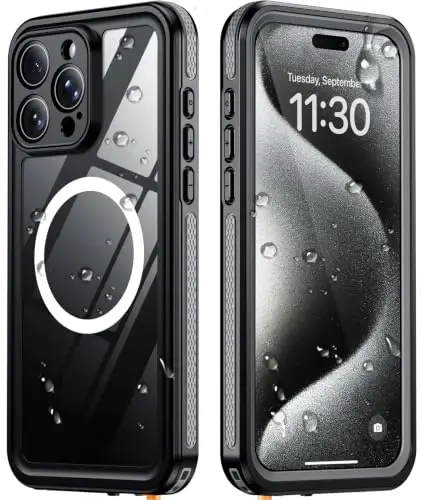Temdan Designed for iPhone 15 Pro Case Waterproof, Black/Clear | Built-in Screen & Camera Protector, Compatible with MagSafe, IP68 Waterproof, Shockproof, Dustproof, Full Body Protective - 1