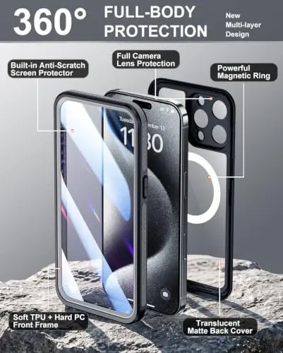 Temdan Designed for iPhone 15 Pro Case Waterproof, Black/Clear | Built-in Screen & Camera Protector, Compatible with MagSafe, IP68 Waterproof, Shockproof, Dustproof, Full Body Protective - 4