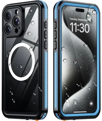 Temdan Designed for iPhone 15 Pro Case Waterproof, Blue/Clear | Built-in Screen & Camera Protector, Compatible with MagSafe, IP68 Waterproof, Shockproof, Dustproof, Full Body Protective - 1