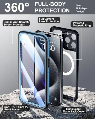 Temdan Designed for iPhone 15 Pro Case Waterproof, Blue/Clear | Built-in Screen & Camera Protector, Compatible with MagSafe, IP68 Waterproof, Shockproof, Dustproof, Full Body Protective - 4