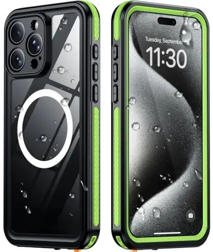 Temdan Designed for iPhone 15 Pro Case Waterproof, Green/Clear | Built-in Screen & Camera Protector, Compatible with MagSafe, IP68 Waterproof, Shockproof, Dustproof, Full Body Protective - 1