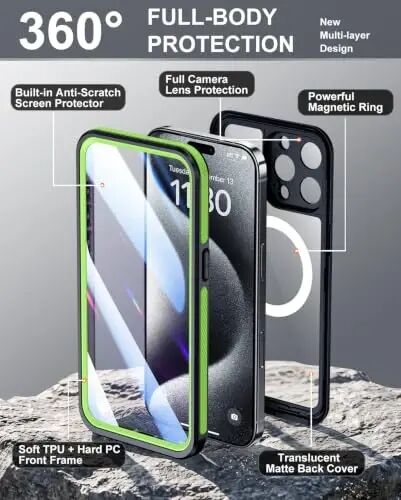 Temdan Designed for iPhone 15 Pro Case Waterproof, Green/Clear | Built-in Screen & Camera Protector, Compatible with MagSafe, IP68 Waterproof, Shockproof, Dustproof, Full Body Protective - 4