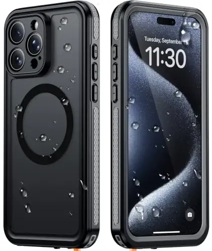 Temdan Designed for iPhone 15 Pro Max Case Waterproof, Black | Built-in Screen & Camera Protector, Compatible with MagSafe, IP68 Waterproof, Shockproof, Dustproof, Full Body Protective - 1
