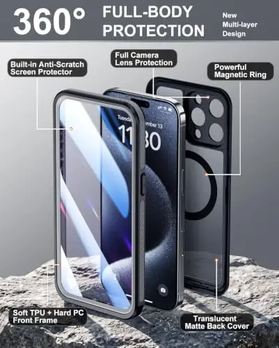 Temdan Designed for iPhone 15 Pro Max Case Waterproof, Black | Built-in Screen & Camera Protector, Compatible with MagSafe, IP68 Waterproof, Shockproof, Dustproof, Full Body Protective - 2