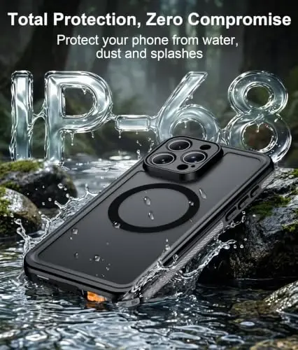 Temdan Designed for iPhone 15 Pro Max Case Waterproof, Black | Built-in Screen & Camera Protector, Compatible with MagSafe, IP68 Waterproof, Shockproof, Dustproof, Full Body Protective - 3
