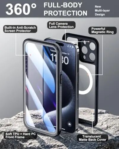Temdan Designed for iPhone 15 Pro Max Case Waterproof, Black/Clear | Built-in Screen & Camera Protector, Compatible with MagSafe, IP68 Waterproof, Shockproof, Dustproof, Full Body Protective - 2